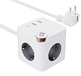 WITFAMILY Steckdosenleiste 3-Fach Würfel [1.5m Kabel] 3800W mit 3 USB Ports (2X USB-A + 1x USB-C), Überspannungsschutz, Kompakt für Reise, Büro & Homeoffice, CE/GS Geprüft, Weiß