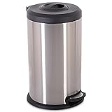 Mülleimer mit Pressfunktion, 40 l, Abfalleimer mit Müllpresse, Fußbedienung: hygienisch & sauber, No-Fingerprint, Treteimer für Büro, Garage, Werkstatt & Wohnbereich, Edelstahl-Optik, Pusher