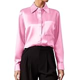 2025 Blusen für Damen, Seidenhemd, ungefärbte Seidenblusen, klassisches Basic-Langarmshirt, lässig, rose, L