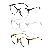 FangBoJie 3 Pack Blaues Licht Blockieren Brillen, Runde Rahmen Anti Blaues Lesebrille für Damen und Herren, Leichtes Gewicht Klare Blaulichtfilter Brille, Anti Blendung（Schwarzer,Transparent,Leopard）