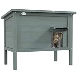 PawHut Katzenhaus aus Holz, Katzenhöhle Outdoor, Isolierte Katzenhütte mit Türvorhang, Kleintierhaus im Erhöhte Design, für Garten, Balkon, Dunkelgrau, 85 x 50 x 68,5 cm