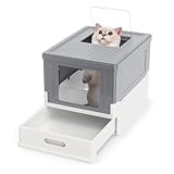 COSTWAY Katzenklo faltbar, Katzentoilette mit Deckel, ausziehbarem Tablett & Fronteinstieg, geschlossen, für Kleine bis Mittelgroße Katzen bis 10 kg, aus PP, pflegeleicht (Grau)