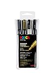 POSCA Pigmentmarker, PC-3M, feine Spitze, Schwarz, Weiß, Gold, Silber, 4 Stück
