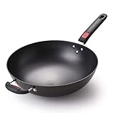 Poêle en fonte au Carbone - Woks et sauteuses 13 pouces - Wok Chinois à Fond Rond - Woks Traditionnels Chinois et japonais