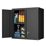 GREATMEET Hängeschrank Metall Werkzeugschrank mit Klapptür, wandmontierte Garagen-Aufbewahrungsschränke mit 1 verstellbarem Regal und 2 Türen, Stahlschrank für Garage, Büro und Zuhause, Schwarz