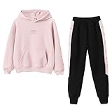SXSHUN Kinder Mädchen 2tlg Trainingsanzug Sportanzug Jogginganzug Bekleidungsset Zweiteiler Outfit-Set Sweatshirt und Sporthose Buchstabe Streifen Motiv, Rosa, 134-140(Label:140)
