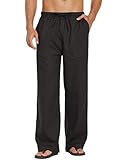 COOFANDY Leinenhose Herren mit Kordelzug Lässige Strandhosen Urlaub Herrenhose Stoffhose Leinen Freizeithose Leichte Sommerhose Lange Hosen Loose Fit Schwarz XL