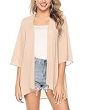 Irevial Damen Chiffon Kimono Cardigan 3/4 Arm Bikini Cover Up Leichte Strand Offene Front Jacke für Sommer, Einfarbig-Creme, M