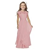 Boho Lange Kinder Spitzenkleid Chiffon Kleid mit Gürtel und Kurzen Butterfly-Ärmeln/Chic A-Linie Kommunionkleider Brautjungfern Kleider Blumenmädchenkleider für Mädchen (Rosa,10-11 Jahre)