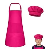 Kinder Schürze und Kochmütze Set,Verstellbare Kinder Kochschürze Kinderschürze für Jungen Mädchen 4-12Jahre,Schürze kinder Schule,Malschürze,Bastelschürzen mit Taschen zum Kochen Backen Malen,Rosenrot