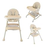 HarBin-Star 3 in1 Kinderhochstuhl mit Supper Platte und 4 Rollen, Kombihochstuhl, Mitwachsend Esszimmerstuhl, für 6 Monate Kinder Kleinkinder (Khaki Farbe)