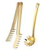 Spaghettilöffel,Minging 2 Stück Nudelkelle Edelstahl Nudelzange mit Ergonomischen Griff Spaghettizange Nudelzange Spaghetti Server Set Spaghetti Küchenhelfer Spaghettilöffel Nudellöffel (Gold)
