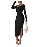 SweatyRocks Damen Kleid Langarm Freizeitkleid Casual Kleid Herbst Bodycon Midikelid Strickkleid mit Schlitz Schwarz L