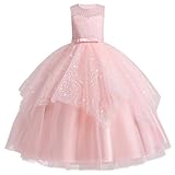 IBAKOM Blumenmädchenkleid Mädchen festlich für Fasching: Ärmellos Sommerkleid mit Schleife und Pailetten lang - Tüll Prinzessinkleid für Kinder 4-13 Jahre für Hochzeit rosa 9-10 Jahre