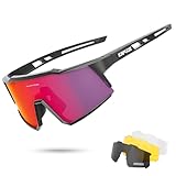 KAPVOE Polarisiert Fahrradbrille mit 4 wechselgläser TR90 Rahmen für Herren Damen Sport Radfahren MTB Sportsonnenbrille Radbrille Sportbrille Fahren Angeln Baseball Laufen rot Schwarz 01