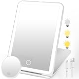 SURFOU Kosmetikspiegel mit Beleuchtung, Wiederaufladbar, faltbar & Ultraschlanker, 3 dimmbare Lichtfarben, Touchscreen und 10x Mini Vergrößerung, Perfekt für Reise und Zuhause (Weiß)
