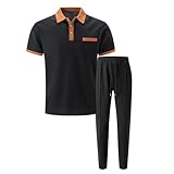 Midiskye Zweiteiler Herren Freizeitanzug Sommer 2-Teiligs Kurzarmshirt Hosen Set Outfits Casual Jogginganzug Trainingsanzug Waffel Revers Farbe Block Lange Hosen Sportanzug Einfarbig Hemden
