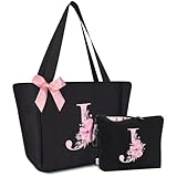 Vavabox Handtasche Damen A-Z Reißverschluss Schultertasche, Geschenke für Damen,Bräute und Brautjungfern,Arbeit,Reisen,Einkaufen,Schule (J, Schwarz)