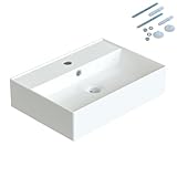 Waschbecken aus Keramik Eckig 50 x 35 cm Aufsatzwaschbecken für Waschtisch Unterschrank Waschplatz Gäste WC Hängewaschbecken Handwaschbecken Weiß Wandhängend mit Hahnloch Überlauf Stockschrauben M10