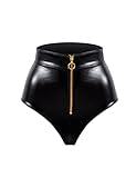 LOVE YOU SEXY Damen Kunstleder High-Waist Unterhosen mit Reißverschluss, Schwarz Unterhosen, XL