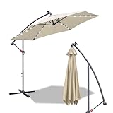 Fiqops Sonnenschirm LED Solar Ø 300 cm Beige mit Kurbel| Alu Ampelschirm mit Ständer | Gartenschirm Sonnenschutz UV-Schutz Aluminium | Kurbelschirm Marktschirm wasserdicht für Garten