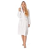 Bademantel Damen - 100% Baumwolle (350g/m²) OEKO-TEX® Zertifiziert - Morgenmantel Damen mit Kapuze, 2 Taschen, Gürtel - Weiß - M