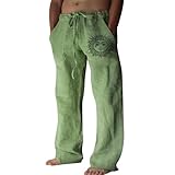 Puimentiua Leinenhose Herren Lang,Leichte Sommerhose,Herren Jogging Hosen,Sommer Freizeithose,Loose Fit Baumwollehosen,Loungewear mit Tunnelzug und Taschen (Grün,L)