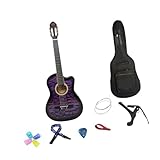 Akustikgitarre für Anfänger mit Nylonsaiten, Fichtendecke, Reisegitarre mit Tasche, Gurt, Plektren, Kapodaster und Zubehör, 40,16 Zoll klassische Folk-Gitarre, Lila