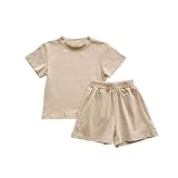 SMUXP Liquidación 12M-10Y Sommer-Pyjama-Set für Jungen und Mädchen, kurzärmelig, einfarbig, Nachtwäsche mit elastischem Bund und Shorts, Loungewear 2025, glücklich, beige, 4 Jahre