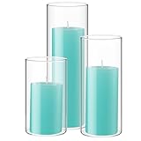 Shihanee Set mit 3 seeblauen Stumpenkerzen und 3 zylinderförmigen Glas-Kerzenhaltern für schlanke Kerzen, Hochzeit, Halloween, Erntedankfest, Weihnachten, Tafelaufsätze (6,6 x 12,9 cm, 15,9 cm, 20,9