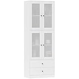 HOMCOM Küchenschrank Vitrinenschrank mit Arbeitsplatte, 2 Schubladen Hochschrank mit 4 Glastüren Buffetschrank mit Verstellbaren Ablagen 59 x 30 x 170 cm, Weiß