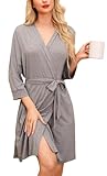 Lovasy Morgenmantel Damen Leicht Sauna Bademantel 3/4 Ärmel V-Ausschnitt Reisebademante mit Gürtel Weiches Loungewear mit Taschen,Grau,XXL