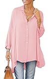 Cicy Bell Damen Bluse Oversized Langarm Button Down Hemdbluse V-Ausschnitt Sommer Satin T-Shirt Elegant Oberteile Shirt Einfarbig Casual Tops Rosa S