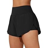 Badeshorts Mädchen Schwarz Damen 2-in-1 Badehose mit Seiten Schlitze Schnell Trocknende Boardshorts UV Schutz Bikini Hose mit Tasche Sommer Strand Wassersport Schwimmhose High Waist Tankini Shorts