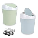QLFJ-FurDec 2 Stücke Mini Mülleimer, Tischmülleimer mit Schwingdeckel mit 4 Rollen Müllsäcke, Kompaktes Design Mini Kosmetikeimer 10 * 12 * 17cm, Tischabfalleimer für den Waschtisch (Blau, Grün)