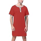 Nachthemd Herren Kurzarm Schlafshirt Rundhals Einteiliger Schlafanzugoberteile Pyjama Tops Bequem Nachtwäsche Sleepshirt mit Knopfleiste Rot 3XL