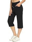 Totatuit Damen Sommer Caprihose Jogginghose 3/4 Baumwolle Sommerhose Yoga Fitness Activewear mit Tasche für Sport und Freizeit Schwarz 3XL
