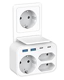 Mehrfachstecker für Steckdose,Steckdosen 3 Fach mit 2 USB A und 2USB C Steckdosenadapter 3680W 16A mit 4 USB Schnellladung Mehrfachsteckdose für Phone und Haushaltsgeräte,Weiß