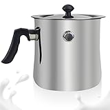 Milchtopf Induktion, 2 Liter Edelstahl Milchtopf, Doppelwandig Kochtopf mit Ausgießer und Glasdeckel Simmertopf Kochtopf mit Rutschfester Kunststoffgriff für Gas Elektro Induktion