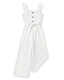 SODLON Mädchen-Jumpsuit für Kinder, modisch, Rüschen, ärmellos, weites Bein, Gürtel, gesmokt, Sommer-Outfits mit Taschen, Weiss/opulenter Garten, 7-8 Jahre