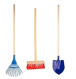 BigDean 3-teiliges Kinder Gartengeräte Set - Besen, Laubbesen & Spaten - aus Metall, mit Holz-Stiel - Kindergartengeräte, Gartenwerkzeuge - Made in Germany
