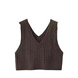 Damen Einfarbige ärmellose Strickweste mit V-Ausschnitt, lockere Cropped-Winterjacke, 35, M