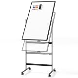 FANTASK Doppelseitiges mobiles Whiteboard, 60 x 100 cm, höhenverstellbares magnetisches Whiteboard mit Rollen, Ständer und Stiftablage, inkl. Zubehör für Schule, Büro, Zuhause (Schwarz)