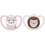 NUK Space Babyschnuller 0-6 Monate, Schnuller mit extra großen Öffnungen für empfindliche Haut, BPA-freies Silikon, Fuchs, 2 Stück