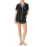 Amazon Essentials Damen Nachtwäsche-Set Aus Weichem Kurzärmeligem Satin-Oberteil Mit Knöpfen Und Shorts, Schwarz, XL