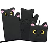 Yamepuia Ofenhandschuhe - Schwarze Katze Topflappen Handschuh,Niedlich KüChenhandschuhe Mit Topflappen,Weich Lustig Katze Kochhandschuhe für Backen Mikrowelle,30 X20 cm,Schwarze