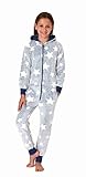 Normann Mädchen Schlafanzug Jumpsuit Overall in Sterneoptik aus kuschelig warmen Coralfleece, Farbe:blau, Größe:164