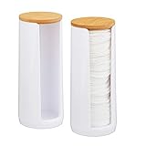 Relaxdays Wattepads Aufbewahrung 2er Set, Acryl, Bambus, Bad, Wattepadspender mit Deckel, HxD: 17,5x7,5cm, weiß/Natur