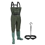 Fiqops Wathose Herren Wasserdicht, Anglerhose Herren 70D Nylon Composite PVC, Wathose Damen mit rutschfesten Gummistiefeln, Wathose Neopren für Angeln, Bauernhöfe, Bauarbeiten, Größe:46