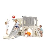 hoopyosms Kinder Rutsche mit Klettergerüst, Basketballkorb und Tunnel, Indoor-Kunststoffrutschenset für Kinder, Montessori-Spielzeug für den Spielplatz, Grau